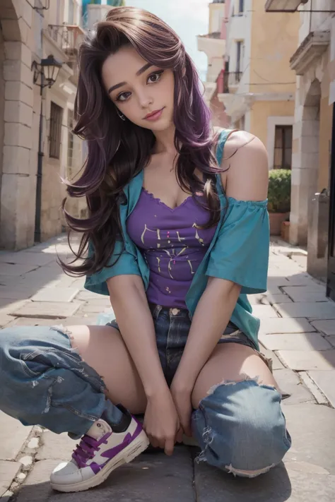 chica  con el pelo largo color morado y mechas color turquesa  , hermosa mujer adolesente, hermosa mujer , foto de una adolesent...