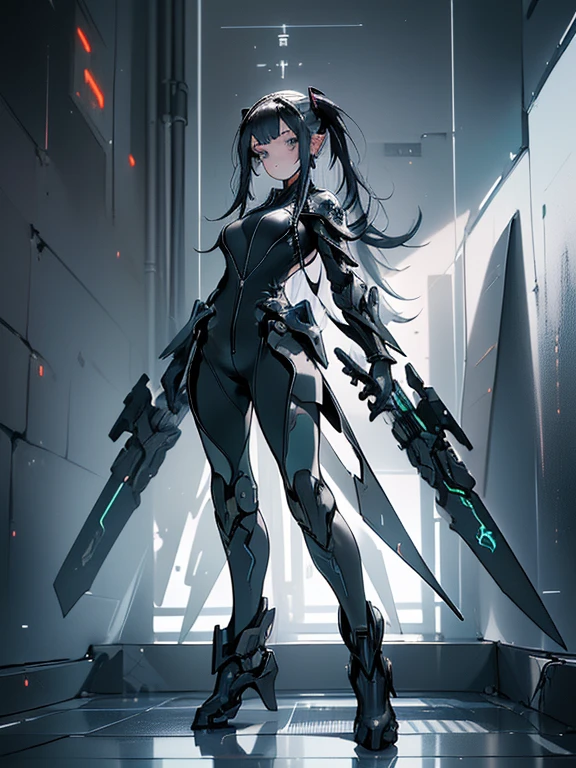 Design a layout showcase Gaming character, (1girl). Black+Silver clothes, sleek and modern, ((showcase weapon:1.4)), laser gun, (masterpiece:1.2), (best quality), 4k, ultra-detailed, (Step by step design, layout art:1.5), (neon lighting, cyber ambiance), cyberpunk, ((tech gloves)), (((revealing jumpsuit:1.3))), tech armor, combat boots, (((full_body_shot:1.4)))