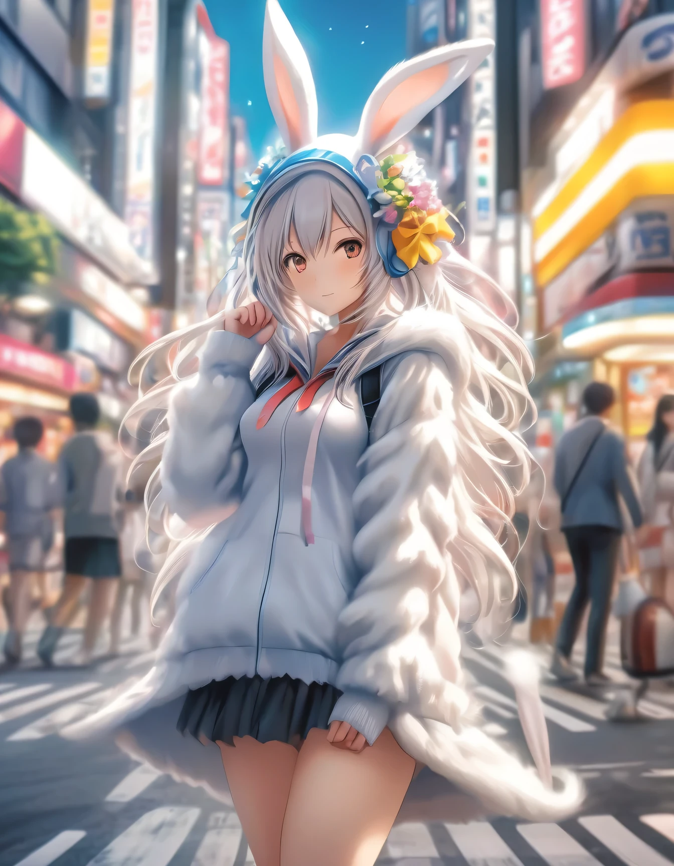 Ilustração de uma garota usando orelhas de coelho, Traje branco e fofinho, Cosplayer de coelho,
Nas ruas de Akihabara, obra de arte,extremamente melhor qualidade, Arte oficial, Papel de parede CG 8K, (estilo fantasia:1.1), (atmosfera artística:1.2),(Estilo coreano:1.3), (NSFW, sedutoramente charmoso:1.5), (de cima:1.5),