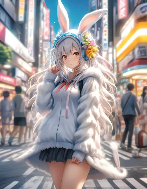 Illustration of a girl wearing rabbit ears, fluffy white costume, rabbit cosplayer,
on the streets of Akihabara, masterpiece,ext...