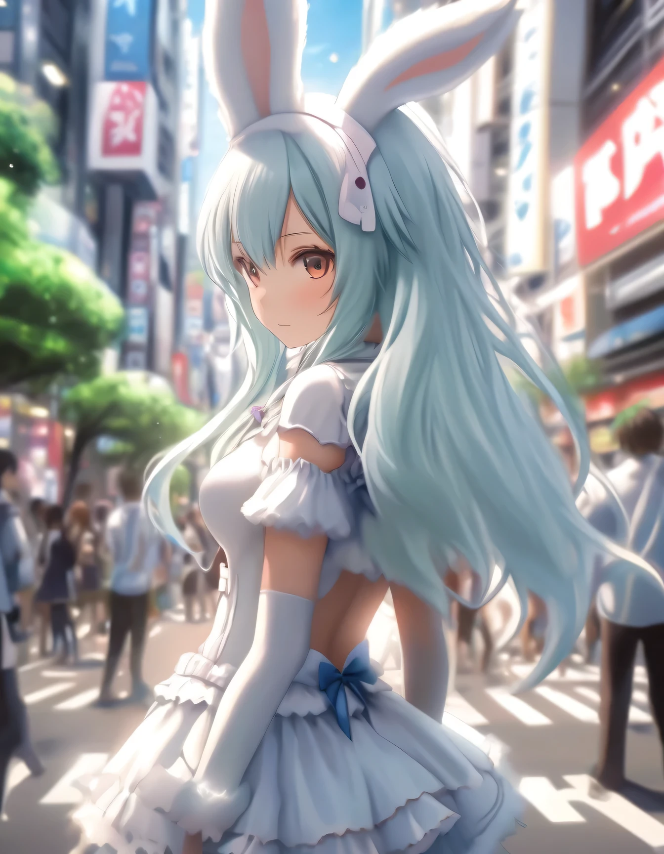 Illustration of a girl wearing rabbit ears, fluffy white costume, rabbit cosplayer,
on the streets of Akihabara, masterpiece,extremely best quality, official art, cg 8k wallpaper, (Fantasy Style:1.1), (artistic atmosphere:1.2), (seductively charming:1.5), (from above:1.5),