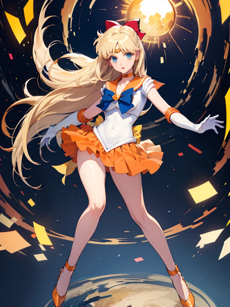 masterpiece, best quality, 1 girl, solo, sv1, sailor senshi uniform, orange skirt, elbow gloves, tiara, orange sailor collar, red bow, orange choker, white gloves, jewelry, looking through legs, full body,