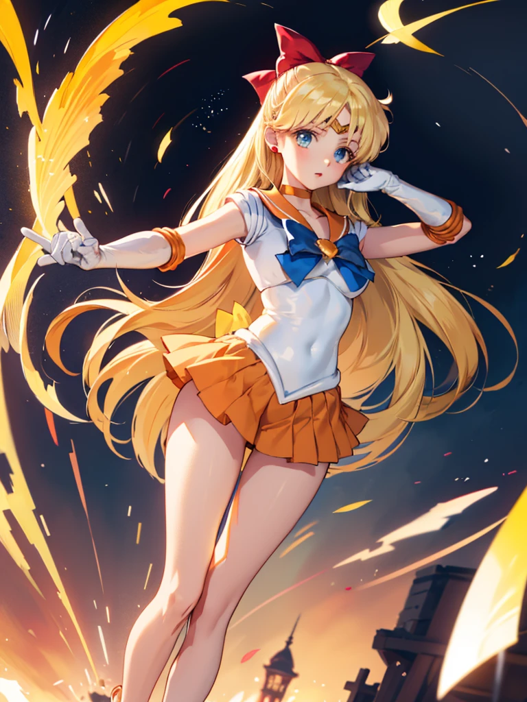 masterpiece, best quality, 1 girl, solo, sv1, sailor senshi uniform, orange skirt, elbow gloves, tiara, orange sailor collar, red bow, orange choker, white gloves, jewelry, looking through legs, full body,