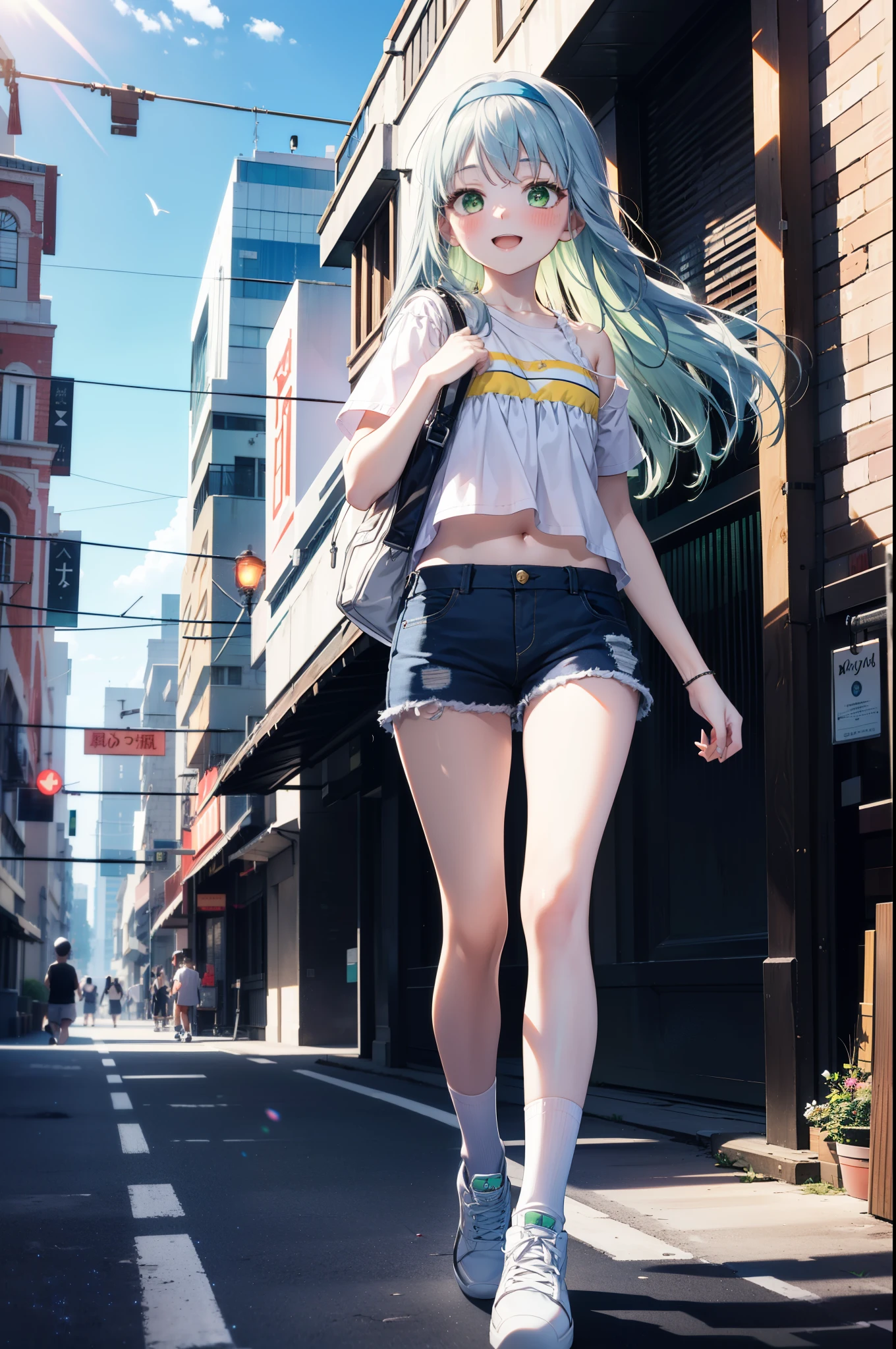 index, index, (Green Eyes:1.5), Blue Hair, Long Hair, (Flat Chest:1.2),happy smile, smile, Open your mouth,blush,hair band,Cordo shoulder top,Short sleeve,Shorts,White knee socks,High-top sneakers,Daytime,Clear skies,whole bodyがイラストに入るように,Walking,
break looking at viewer, whole body,
break outdoors, In town,Building district,
break (masterpiece:1.2), highest quality, High resolution, unity 8k wallpaper, (figure:0.8), (Beautiful fine details:1.6), Highly detailed face, Perfect lighting, Highly detailed CG, (Perfect hands, Perfect Anatomy),