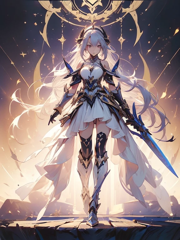 Design a layout showcase Gaming character, (1girl). Golden+Purle clothes, stylish and unique, ((showcase weapon:1.4)), magic staff, (masterpiece:1.2), (best quality), 4k, ultra-detailed, (Step by step design, layout art:1.5), (luminous lighting, atmospheric lighting), magican, ((glove full hands)), (((revealing clothes:1.3))), vambraces, armored legwear, (((full_body_shot:1.4)))
