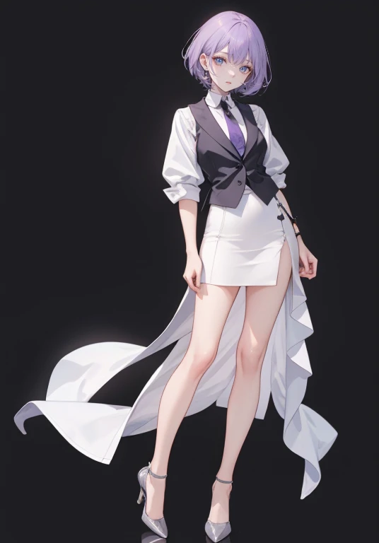 ((Perfect Face)),Purple Hair,Very short hair,1 female,,Black vest,Roll up your sleevesＹshirt,tie,slit,High heels,,((Simple Background)),smile,((Full Body)),((full body)),