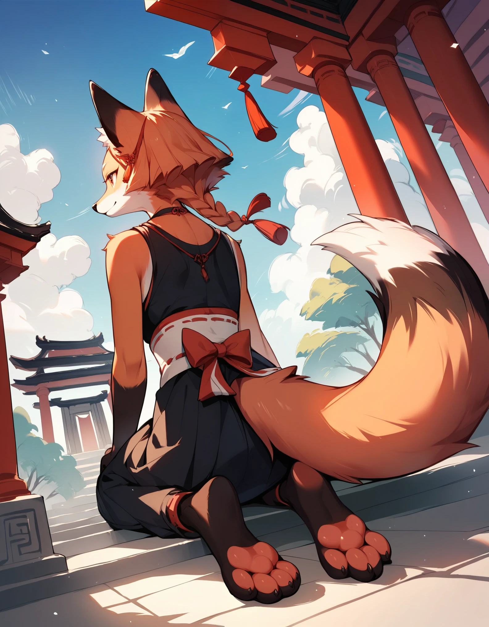 score_9, score_8_up, score_7_up, score_6_up, source_anime, rating_safe, dagasi_style, furry, temple, fox girl, sitting, low view, from behind, soles at spectator, showing soles, grinning, paws, 3 toes, barefoot, paws