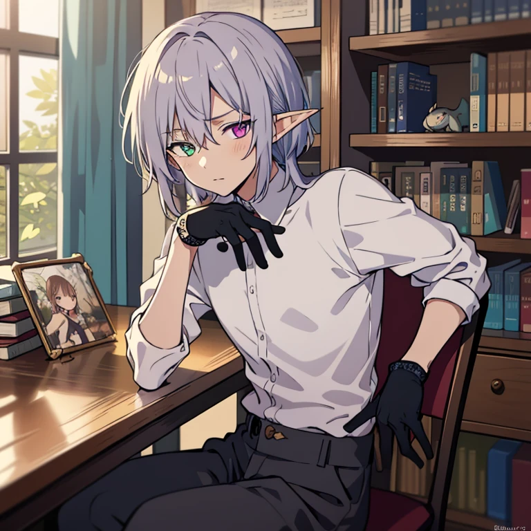 Cool male elf with blue and blue-purple heterochromia, Silver straight hair, Wearing a white shirt, Wearing slacks, Wearing black gloves, sitting at a desk surrounded by bookshelves, Looks tired, Thinking about something, (highest quality,8K,High resolution,Masterpiece), Highly detailed facial expressions, Intricate details, Natural light, Warm colors, Soft Focus, Digital Painting, Fantasy art, 