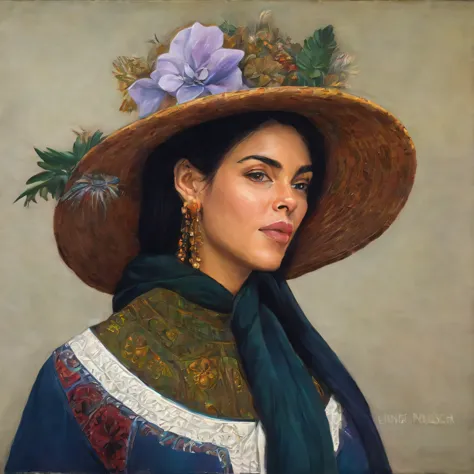 plucked woman in a traditional dress with a big hat, retrato de princesa asteca, pintura realista de mulher espanhola, belo retr...