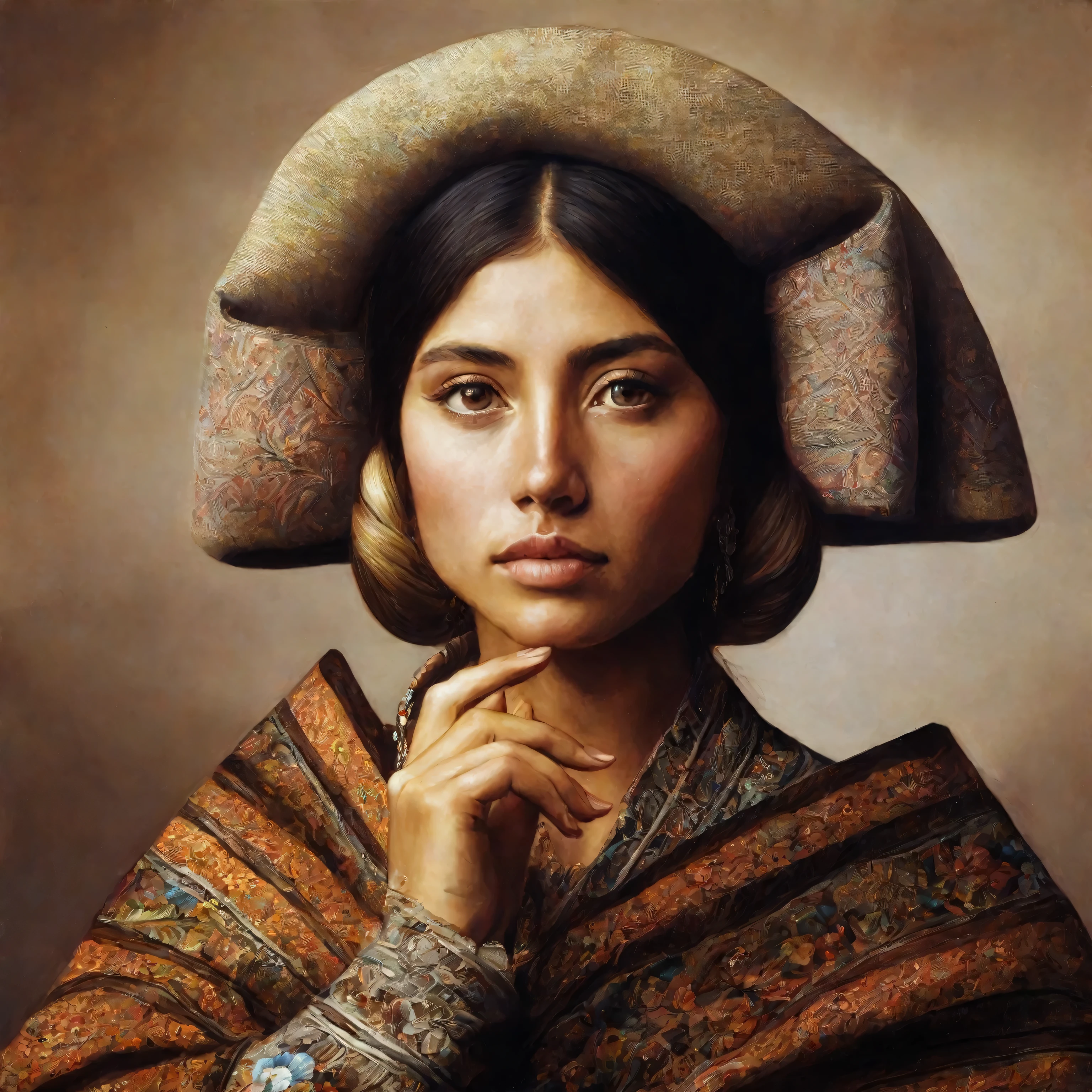 plucked woman in a traditional dress with a big hat, retrato de princesa asteca, pintura realista de mulher espanhola, Belo retrato, retrato deslumbrante, retrato renascentista realista, very Belo retrato, Pintura Digital Renascentista, Belo retrato of a woman, no estilo da pintura antiga, inspirado em James Christensen, retrato de alta qualidade, linda mulher mexicana, inspirado em James C. Christensen