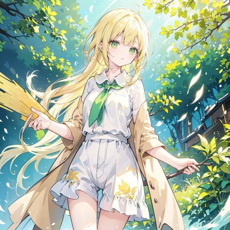 1girl, short yellow hair, green eyes, waring plain white shirt, denim shorts, holding a branch with leaf in her right hand, gree...