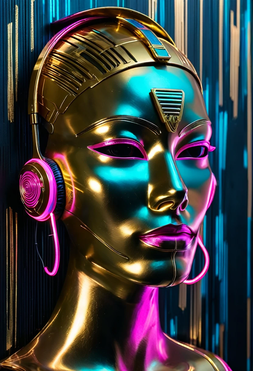 máscara de Tutancâmon de frente em ouro sólido e refletindo a luz do sol, iluminada por neon rosa e azul, há um fone de ouvido rosa e azul neon na máscara, máscara sinistra, sem olhos, ela está pendurada em uma parede de metal preta, estilo ciberpunk