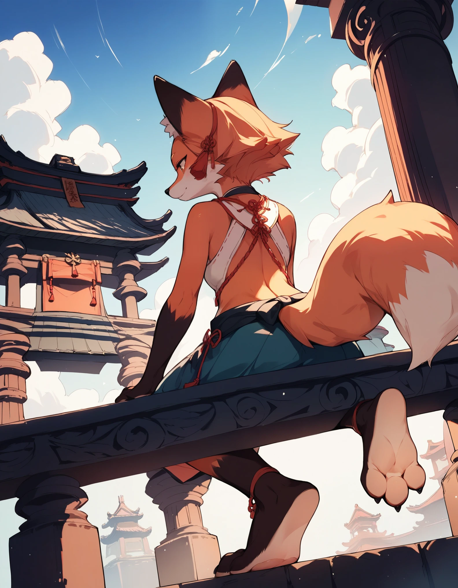 score_9, score_8_up, score_7_up, score_6_up, source_anime, rating_safe, dagasi_style, furry, temple, fox girl, sitting, low view, from behind, soles at spectator, showing soles, grinning, paws, 3 toes, barefoot, paws