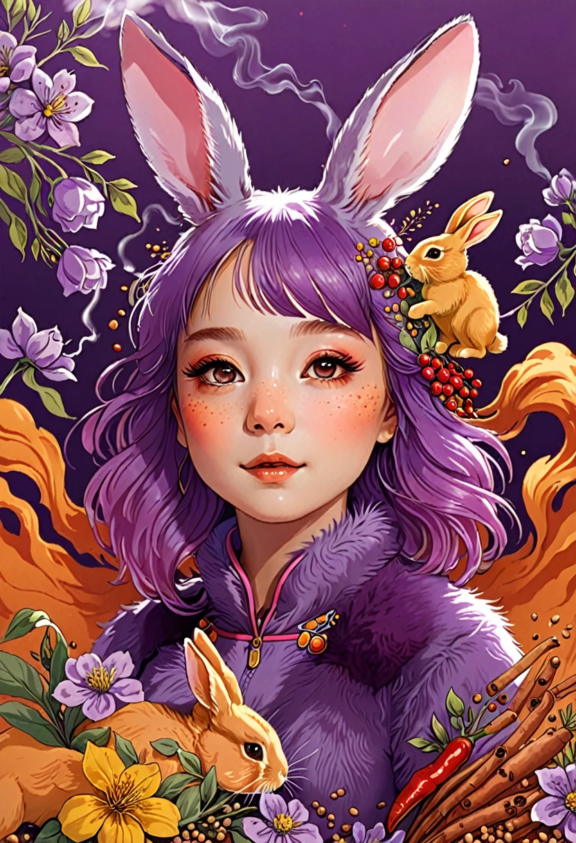 Chibi, super-deformed Rabbit-girl with fluffy fur, rendered in vibrant purple hues, nestled amongst blooms of varying spices on a clear aureolin background, In a close-up focus, brought to life by the joint illustrative genius of Ross Tran and Alex Grey. Fluttering in the scene, sparks and smoke dancing in the backdrop, interspersed , High Resolution, High Quality, Masterpiece