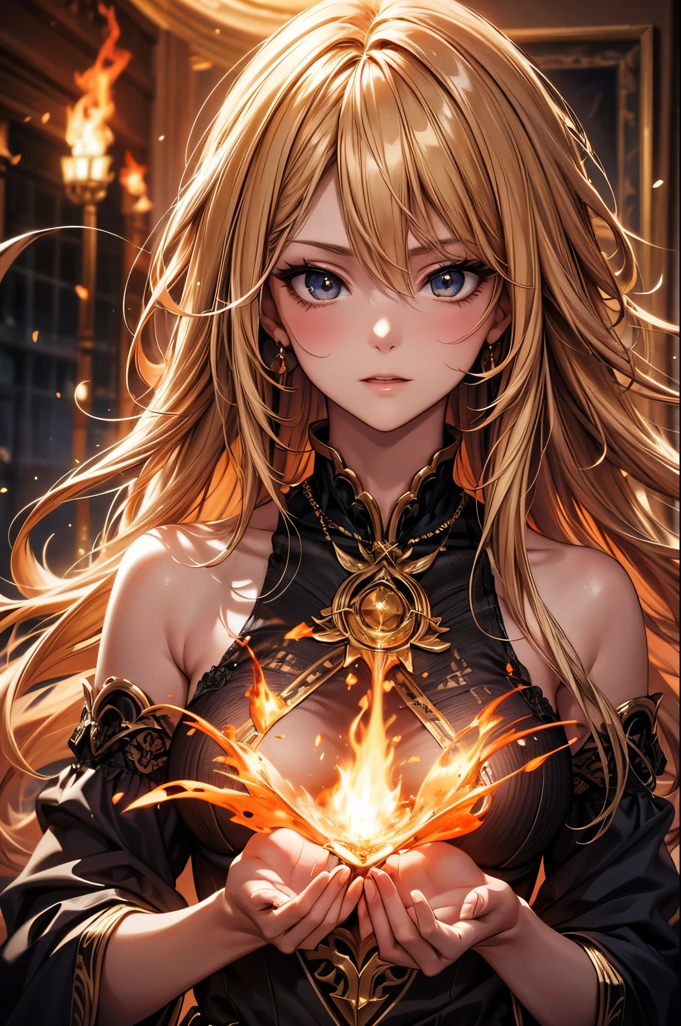 A beautiful woman with stunning features, long golden blonde hair, and a confident expression, performing a powerful fire magic spell, detailed portrait, realistic, photorealistic, best quality, 4k, 8k, highres, masterpiece, ultra-detailed, vivid colors, dramatic lighting