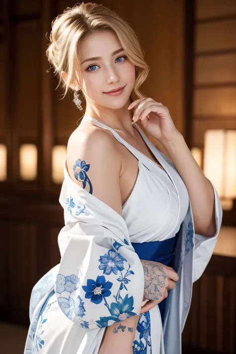 gorgeous japanese costumes、white kimono、fireworks display、on the chest、full body tattoo、hair tied up、full body photo、sexy face、s...