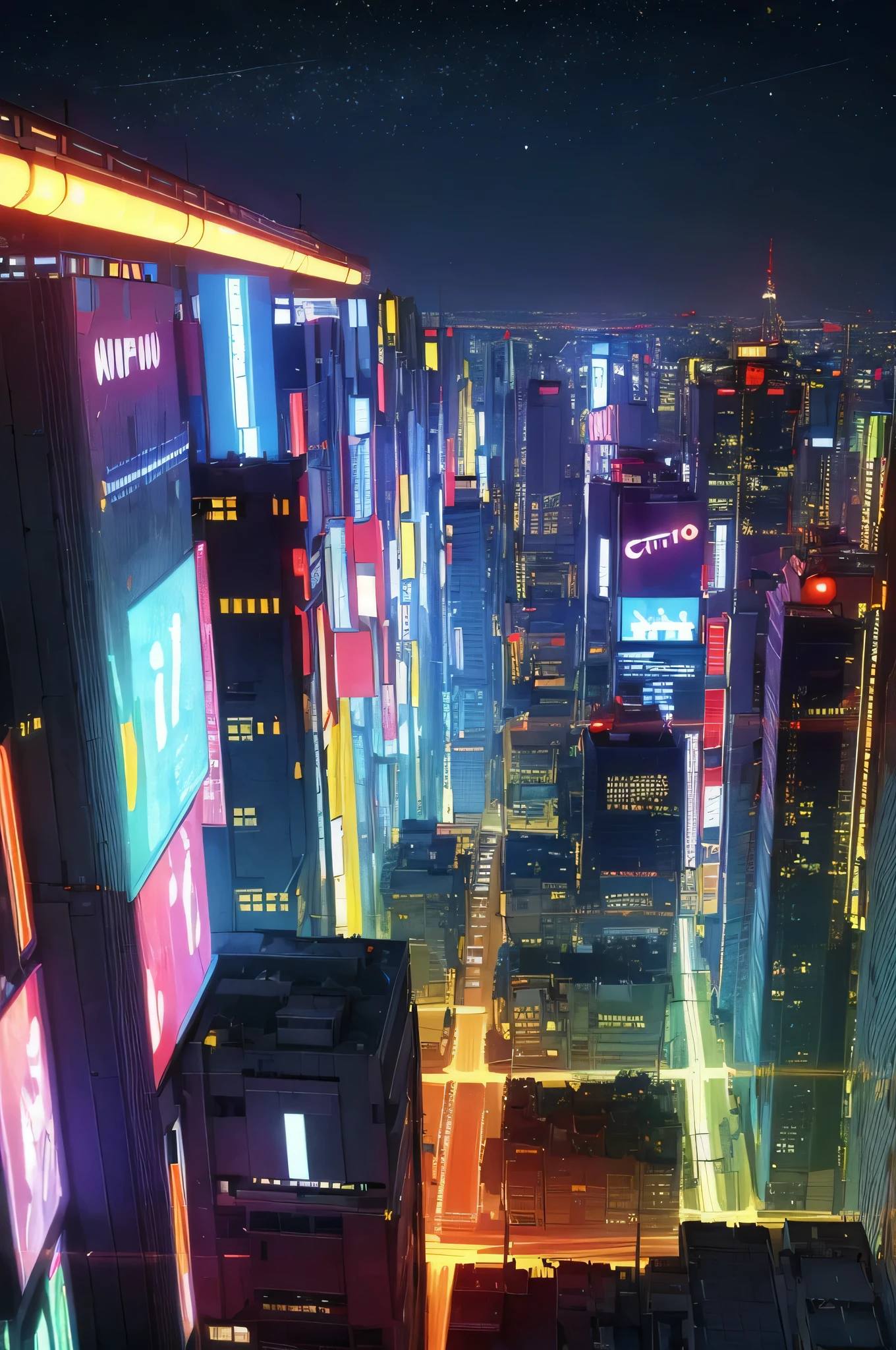 (masterpiece, high quality:1.5), (cyberpunk, flat colors:1.05), distant side view of city, epic realistic night tokyo background, city lights, (hight contrast, vivid colors, film grain, chromatic abberation:1.1), intricate details