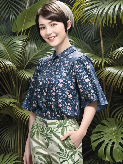 231 (18-year-old female,floral clothes), ((short hair:1.46)), (pants style), (a kind smile), (jungle pattern)