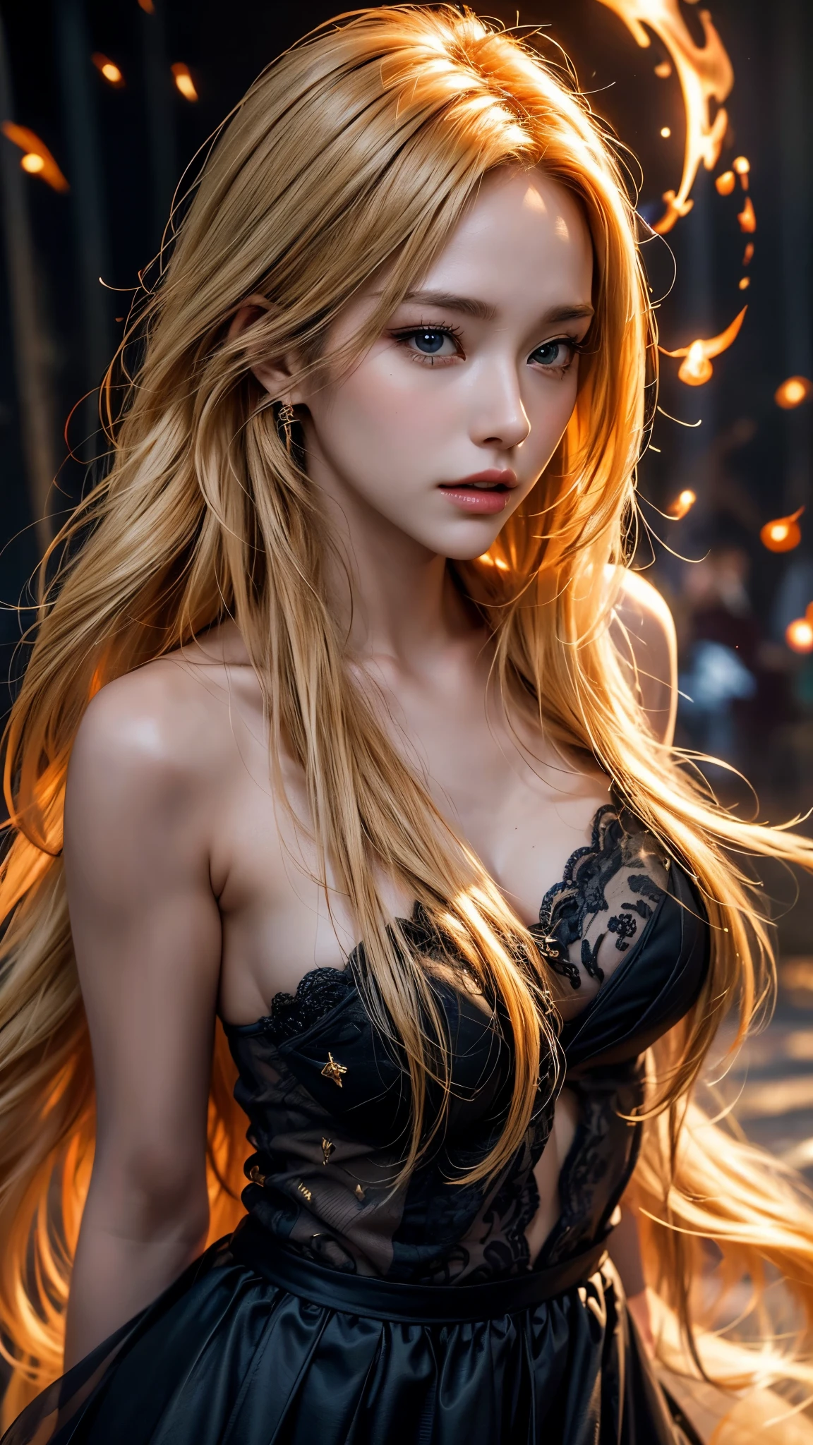 a beautiful woman，With stunning facial features, long golden blonde hair, and a confident expression, Cast powerful fire magic spells, detailed portrait, Practical, photoPractical, best quality, 4k, 8K, High resolution, masterpiece, Extremely detailed, Bright colors, Dramatic Lighting