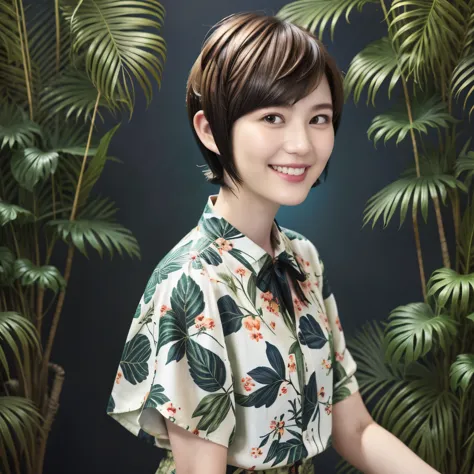 231 (18-year-old female,Floral clothes), ((short hair:1.46)), (Pants Style), (A kind smile), (Jungle Pattern)