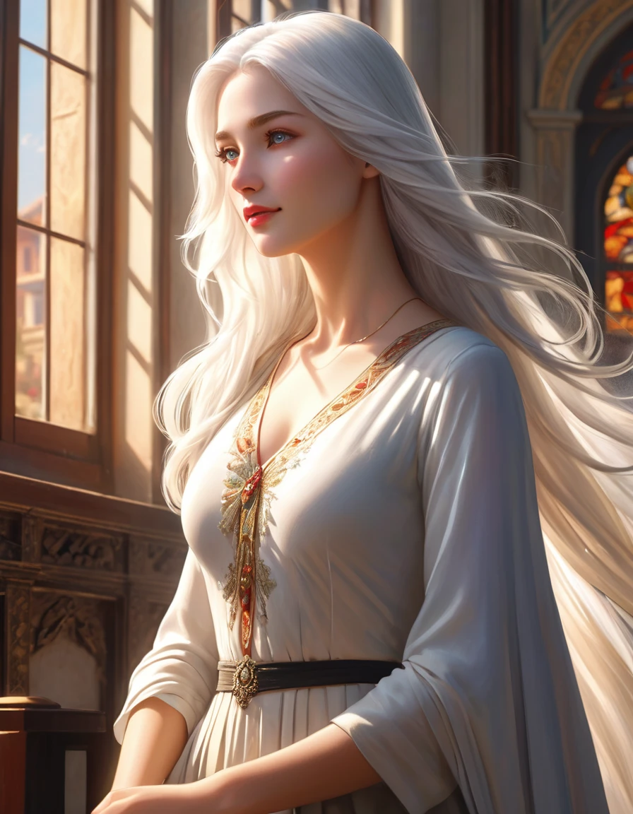 a beautiful tall white-haired woman in school, detailed face and eyes, elegant long hair, flowing dress, serene expression, sunlight streaming through windows, warm lighting, intricate architectural details, oil painting style, vibrant colors, photorealistic, cinematic composition, (best quality,4k,8k,highres,masterpiece:1.2),ultra-detailed,(realistic,photorealistic,photo-realistic:1.37)