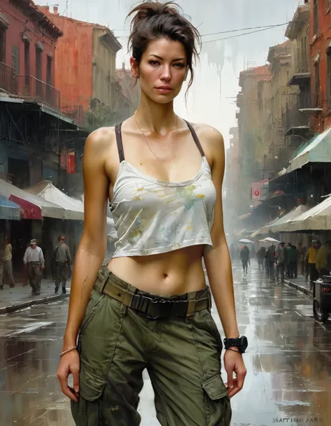 Samdos Arts; Winning half-body portrait of a beautiful woman wearing crop top and cargo pants, Military boots, Standing on the s...
