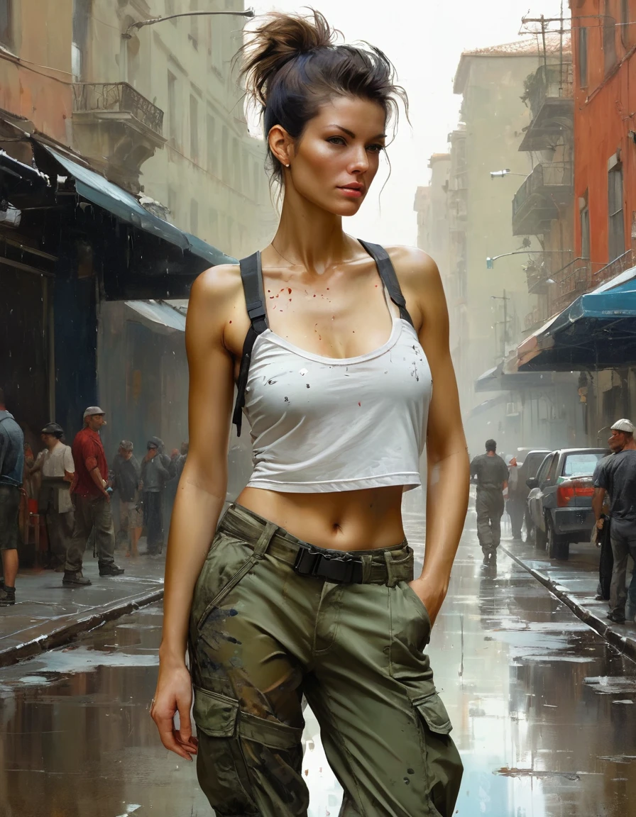 Samdos Arts; Winning half-body portrait of a beautiful woman wearing crop top and cargo pants, Military boots, Standing on the street, a faint smile,  Paint splashes, Tie your hair up, Splash, Overtake, Vaporware,  Digital Art, Trending on Art Station, Very detailed, The finer details, A complex piece by Jeremy Mann, Matthew Merian the Elder, Pino Daeni, Robert Rauschenber, By Beksiński