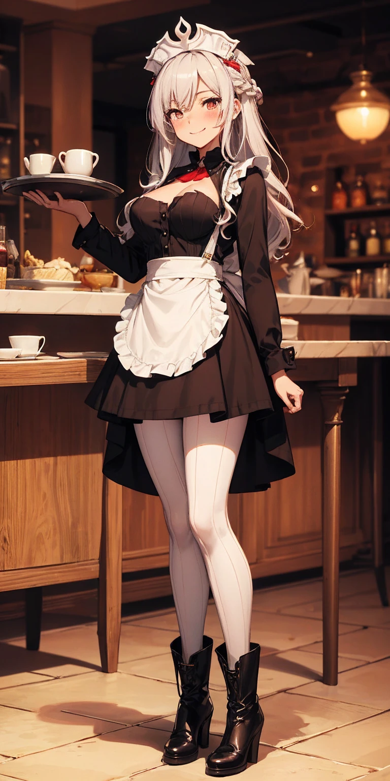 full body standing straight symmetrical, lustful smirking smile face red blush red cheeks, looking at viewer, holding tray, braid, maid headdress, maid, dress, apron, long sleeves, brown pantyhose, long leather militar boots, thighs, long white hair, masterpice