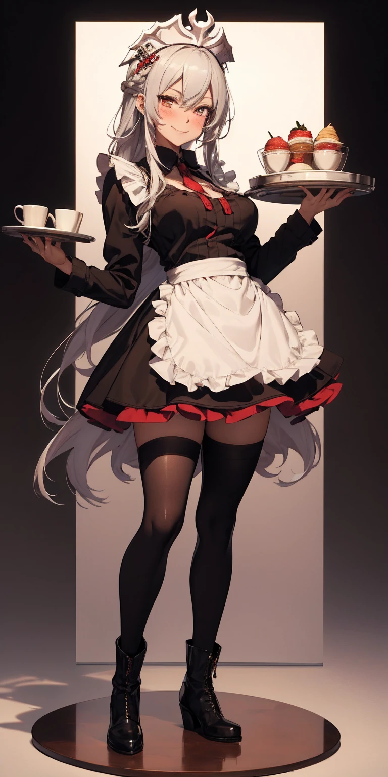 full body standing straight symmetrical, lustful smirking smile face red blush red cheeks, looking at viewer, holding tray, braid, maid headdress, maid, dress, apron, long sleeves, brown pantyhose, long leather militar boots, thighs, long white hair, masterpice