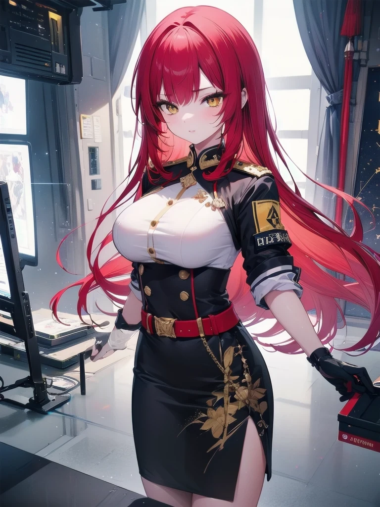 (masterpiece:1.37),1girl, extremely detailed eyes and face, beautiful detailed lips, long straight hair, red hair, yellow eyes, (constellation-print military uniform:1.25), (pencil skirt:1.25), large breasts, futuristic, science fiction, hologram armband, unicursal hexagram, plasma katana, best quality, 8k, highres, ultra-detailed, studio lighting, ultra-fine painting, sharp focus, physically-based rendering, extreme detail description, professional, vivid colors, bokeh, extreme attention to detail, tsurime