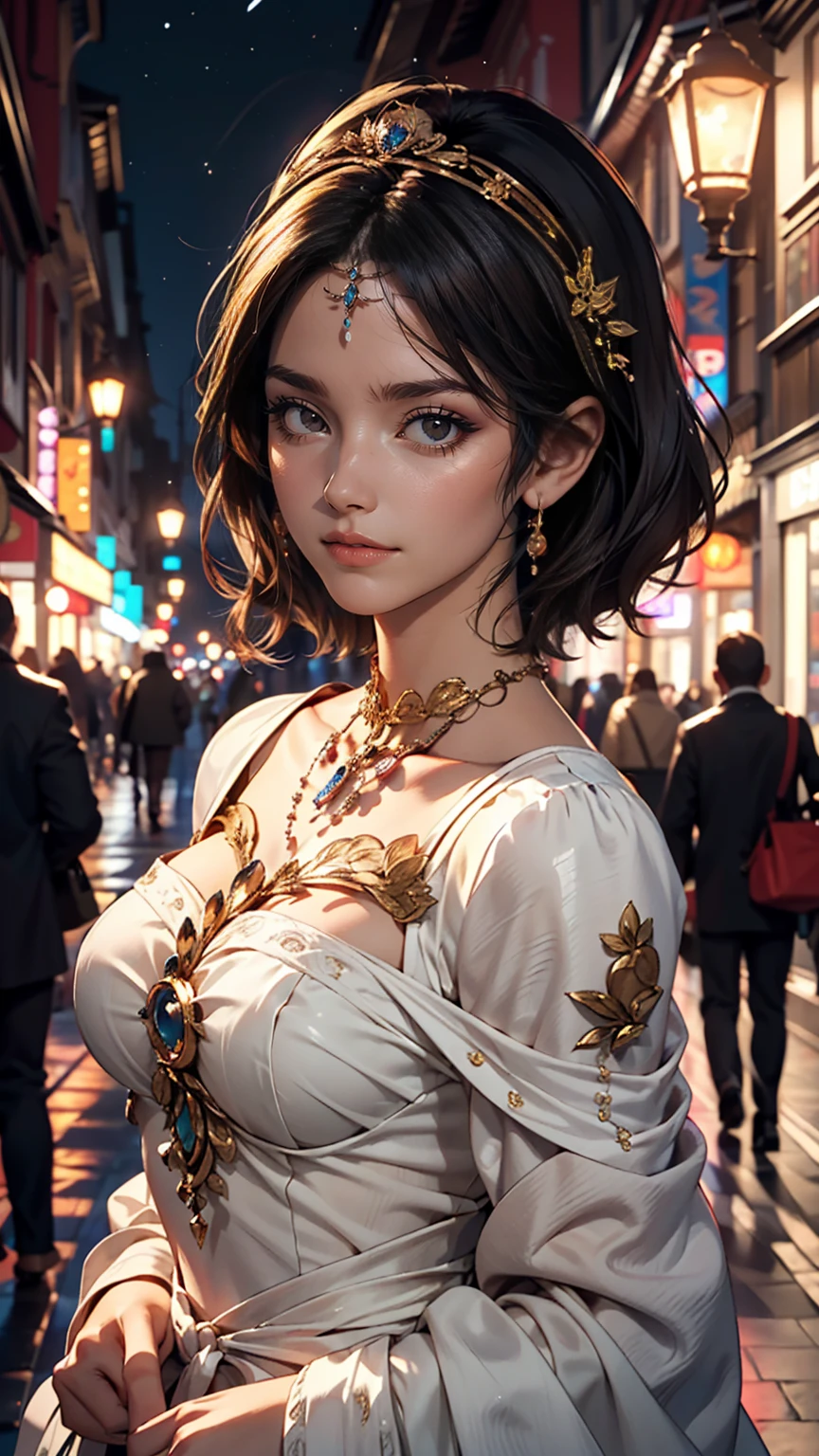 (Half Body Shot,Street lamp,moon),masterpiece, One girl, Solo Exhibitions, Beautiful woman on a busy street, Surrounded by peddlers, Beautiful Goddess Girl Portrait, Beautiful and elaborate face, Porcelain-like skin, (((Bust Shot, center, night, Black Hair, short hair)), Very soft lighting, Symmetric, complicated, grace, High detail, realism, art, concept art,