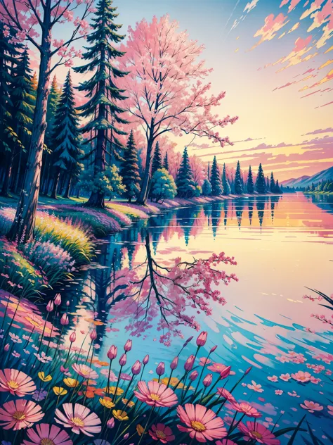 a painting of a lake with pink flowers in the foreground, pink tree beside a large lake, landscape, colorful painting, vibrant p...