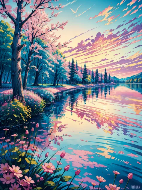 a painting of a lake with pink flowers in the foreground, pink tree beside a large lake, landscape, colorful painting, vibrant p...