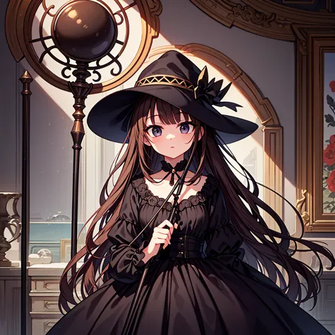 ((highest quality)), ((masterpiece)), (detailed), Perfect Face, Wizard, Wide-brimmed hat, Black Dress, Cane, Brown Hair, Long Ha...