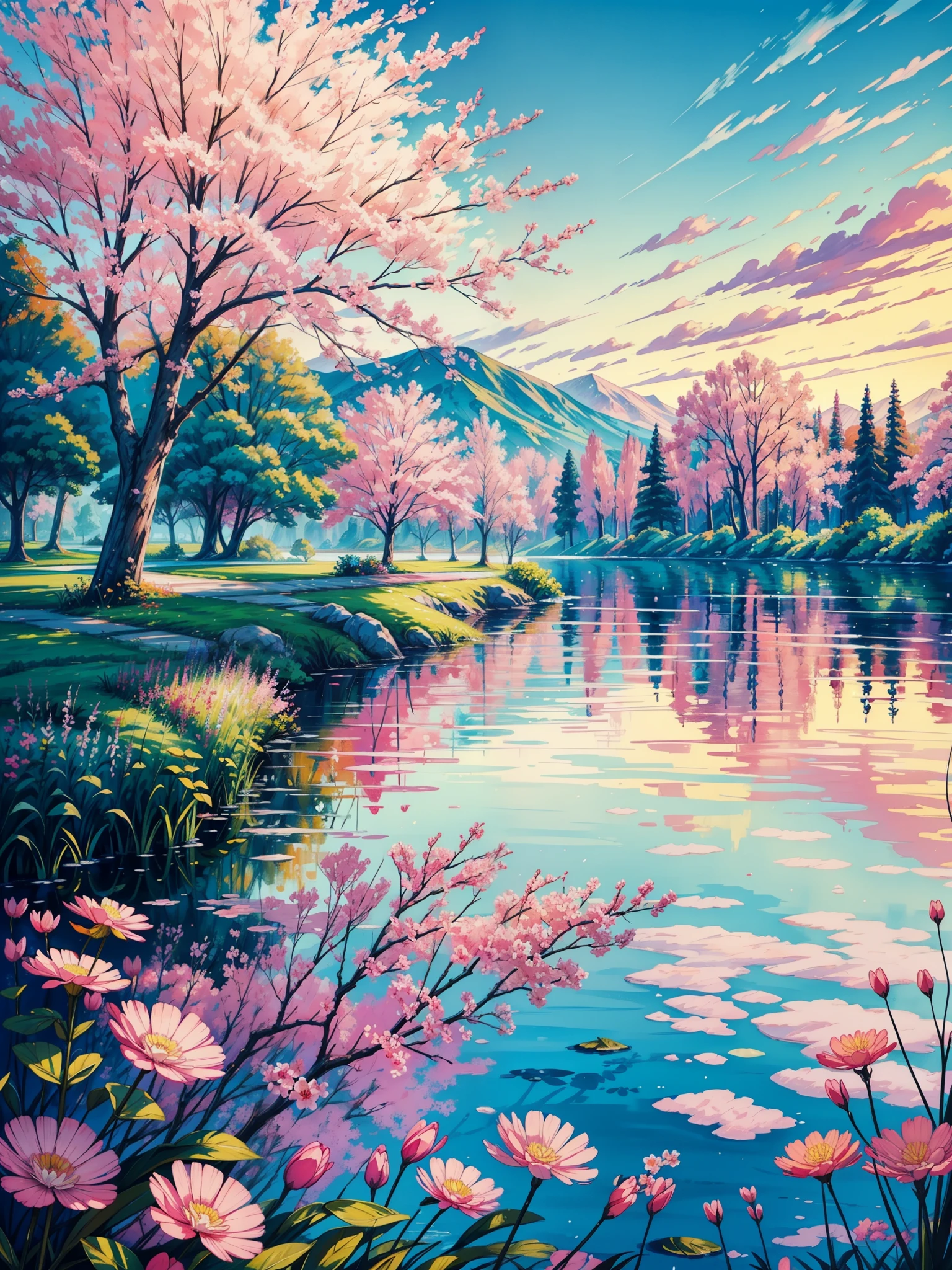 a 絵画 of a lake with pink flowers in the foreground, 大きな湖のほとりにあるピンクの木, 風景, colorful 絵画, 活気のある 絵画, colorful 風景 絵画, 花の夕日, 活気のある gouache 絵画 scenery, a gouache 絵画, 明るい色でカラフルに描かれた, 絵画, 活気のある