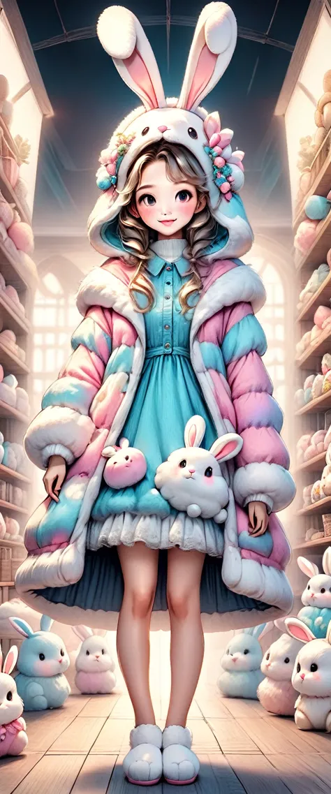 a woman wearing a fluffy rabbit costume with large rabbit ears, full body shot, wide angle, cute and childlike expression, profe...