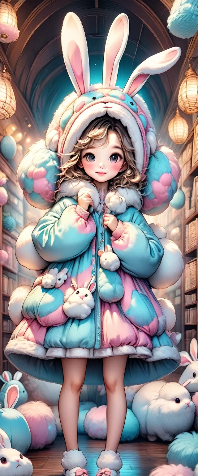 a woman wearing a fluffy rabbit costume with large rabbit ears, full body shot, wide angle, cute and childlike expression, professional portrait, hyperdetailed 8k, high resolution, detailed facial features, detailed clothing, soft lighting, whimsical, fantasy, pastel colors, adorable