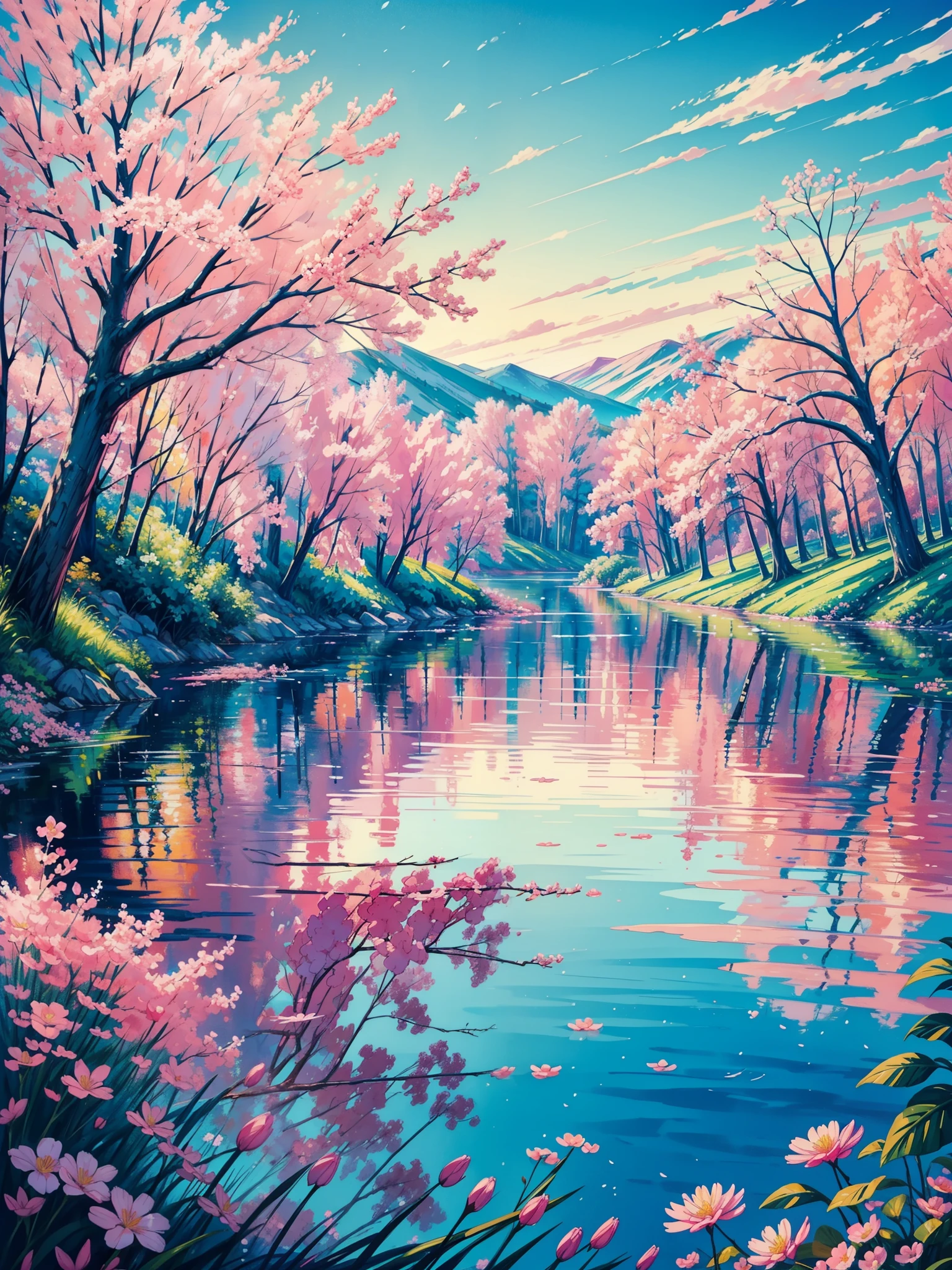 a painting of a lake with pink flowers in the foreground, pink tree beside a large lake, landscape, colorful painting, vibrant painting, colorful landscape painting, floral sunset, vibrant gouache painting scenery, a gouache painting, colorful painted in bright colors, painting, vibrant