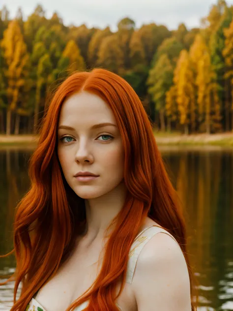 a beautiful redheaded woman with long flowing red hair standing in front of a serene lake, ethereal beauty, gorgeous redhead god...