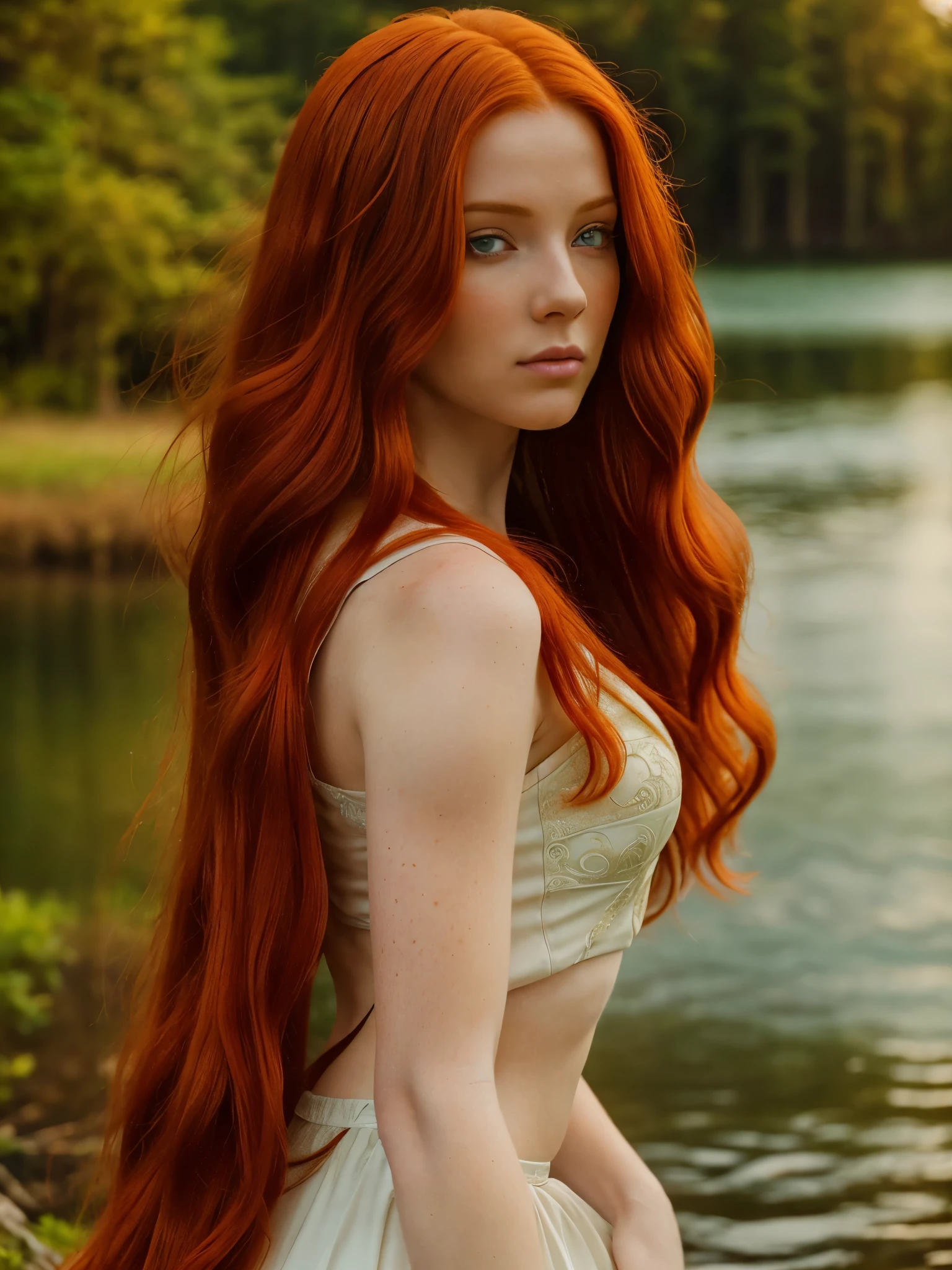 A close up of a woman with long red hair near a body of water - SeaArt AI