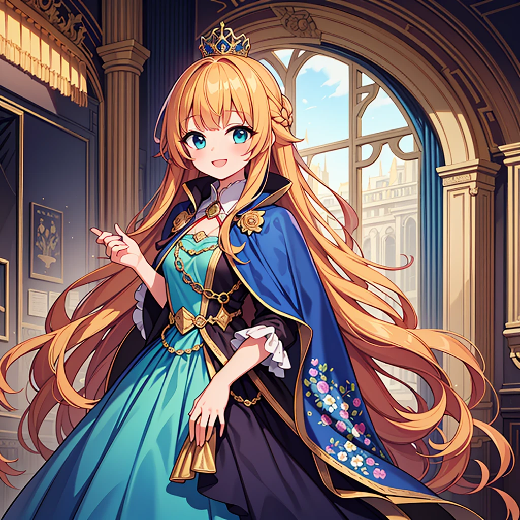 (cute),(highest quality),(Super detailed), Upper Body,(Rococo style),(Long train mint blue cape:1.05), Very long cape,(Mint blue ball gown with long floral train:1.05), The girl is wearing a cape over her gown, 1. Princess, tiara, smile, Small breasts, Very long hair