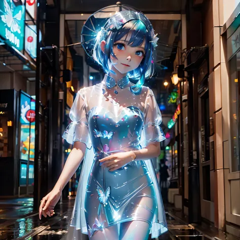 in a vivid anime scene、focus on the bright rain elements with abundant shiny reflections. the girl with the pink bob hair and re...