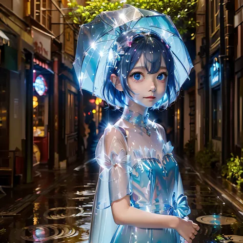 in a vivid anime scene、focus on the bright rain elements with abundant shiny reflections. the girl with the pink bob hair and re...