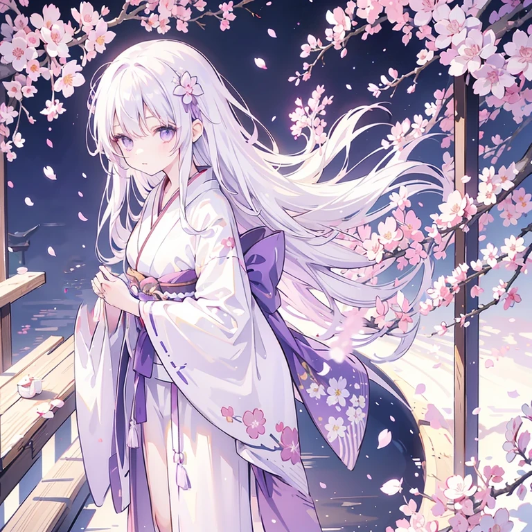 1人の女の子, 長い白い髪, 紫色の目, 紫色の着物を着る, 左手に花びらの付いた枝を持っている, 日本の橋の上に立つ, 桜の花, 花びらが落ちた, 8k, 視聴者を見る