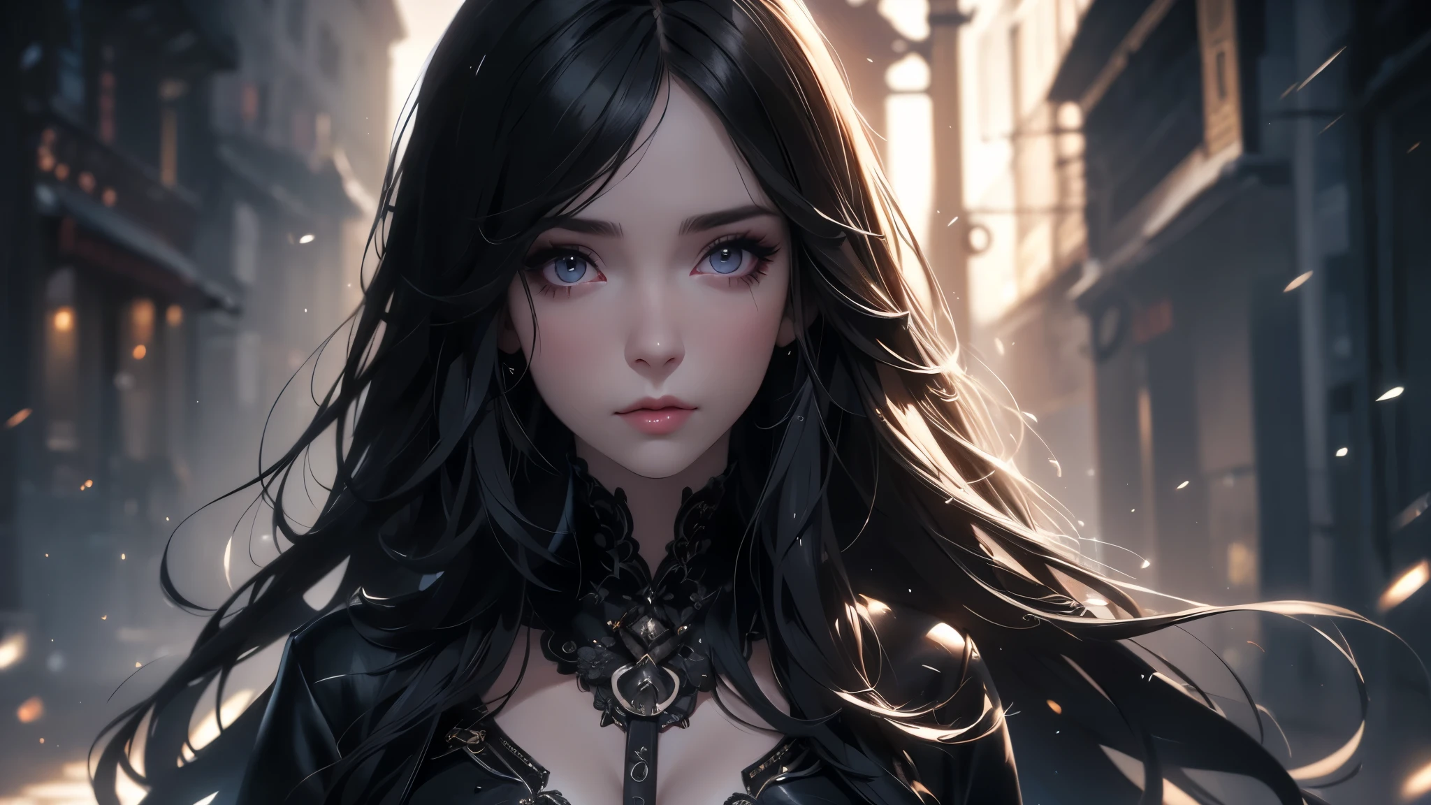 beautiful girl with realistic black eyes, pale skin, mid-length black hair, perfect face, perfect eyes, wearing coat, highly detailed, comprehensive cinematic, digital painting, 8k, cinematic lighting, best quality, highres, detailed work, post-processing, perfect result, hyper realistic