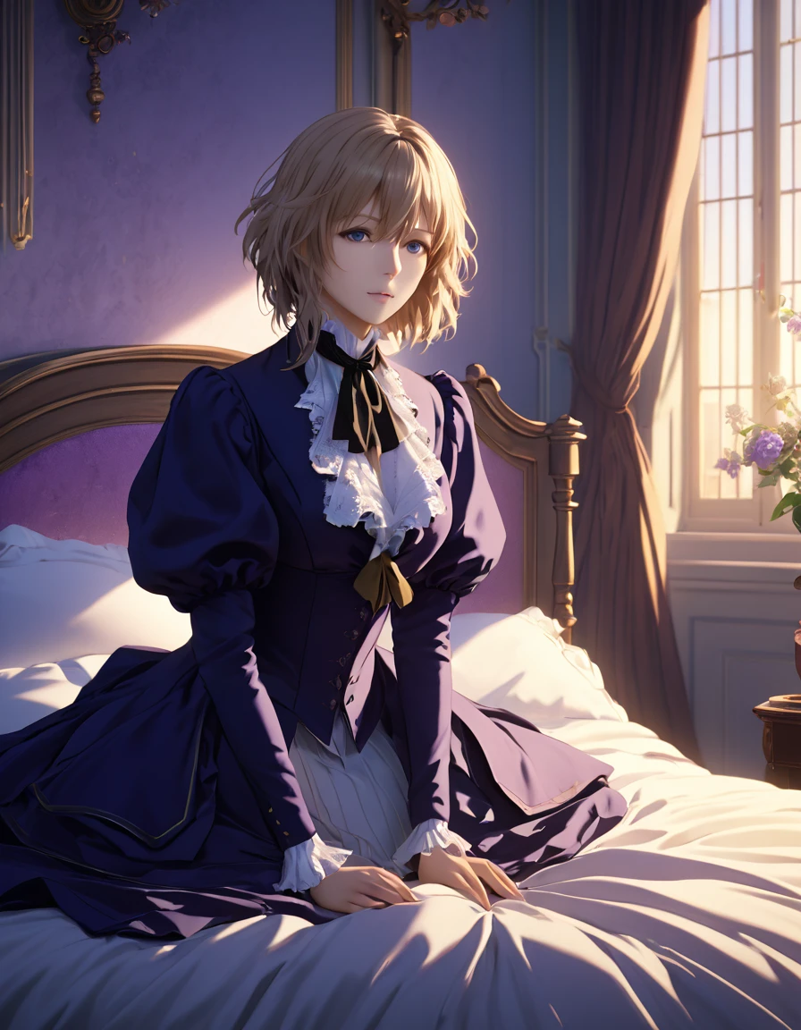 masterpiece, highest quality, (Highly detailed CG synthesis 8k wallpaper), (highest quality), (Best illustrations), (Best Shadow), (Stable Diffusion Model), Violet Evergarden, Sparkling, beautiful, victorian style bedroom, Dynamic Lighting, Depth of written boundary