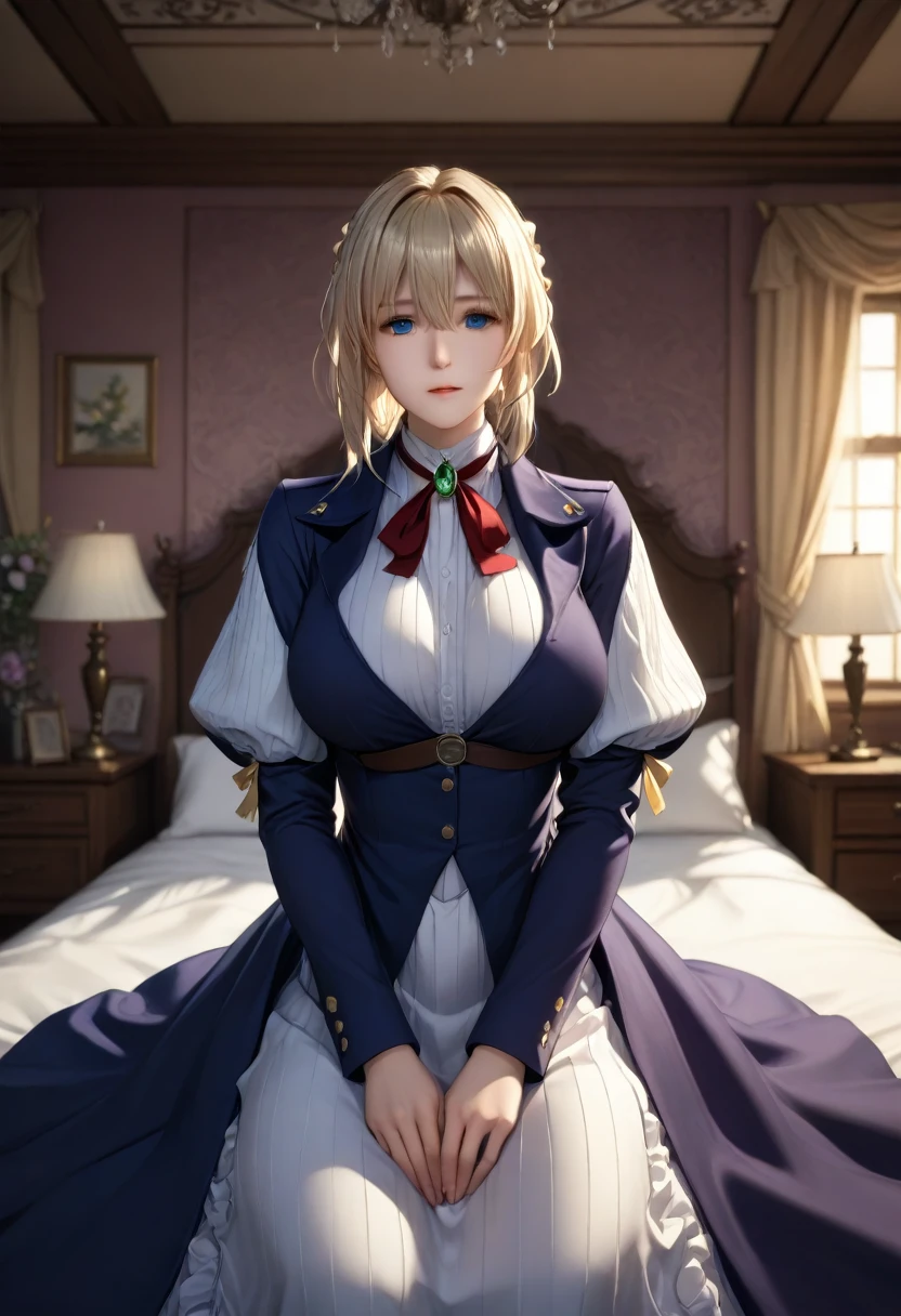 masterpiece, highest quality, (Highly detailed CG synthesis 8k wallpaper), (highest quality), (Best illustrations), (Best Shadow), (Stable Diffusion Model), Violet Evergarden, Sparkling, beautiful, victorian style bedroom, Dynamic Lighting, Depth of written boundary