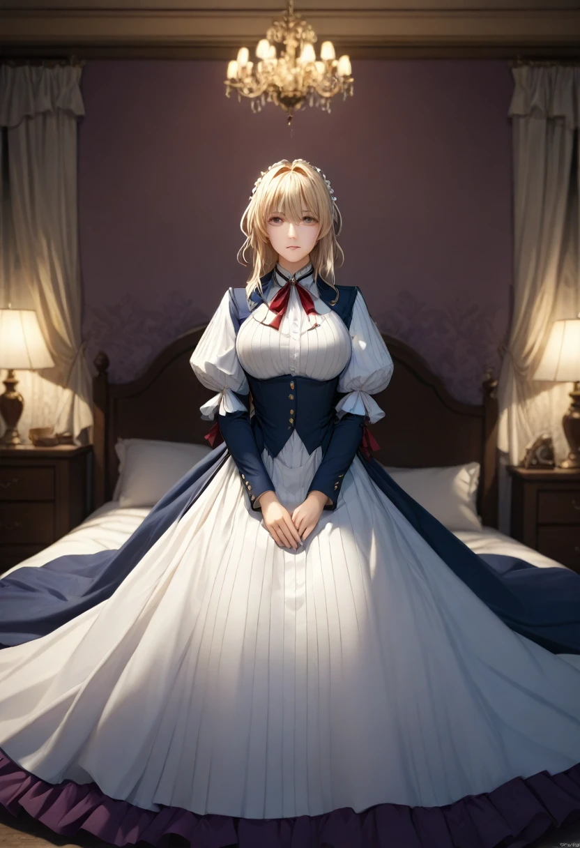 masterpiece, highest quality, (Highly detailed CG synthesis 8k wallpaper), (highest quality), (Best illustrations), (Best Shadow), (Stable Diffusion Model), Violet Evergarden, Sparkling, beautiful, victorian style bedroom, Dynamic Lighting, Depth of written boundary