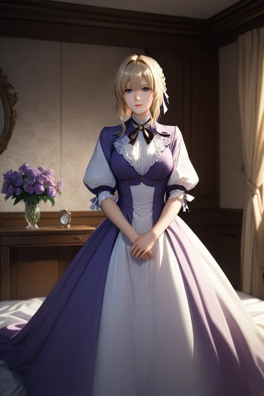 masterpiece, highest quality, (Highly detailed CG synthesis 8k wallpaper), (highest quality), (Best illustrations), (Best Shadow), (Stable Diffusion Model), Violet Evergarden, Sparkling, beautiful, smile, victorian style bedroom, Dynamic Lighting, Depth of written boundary