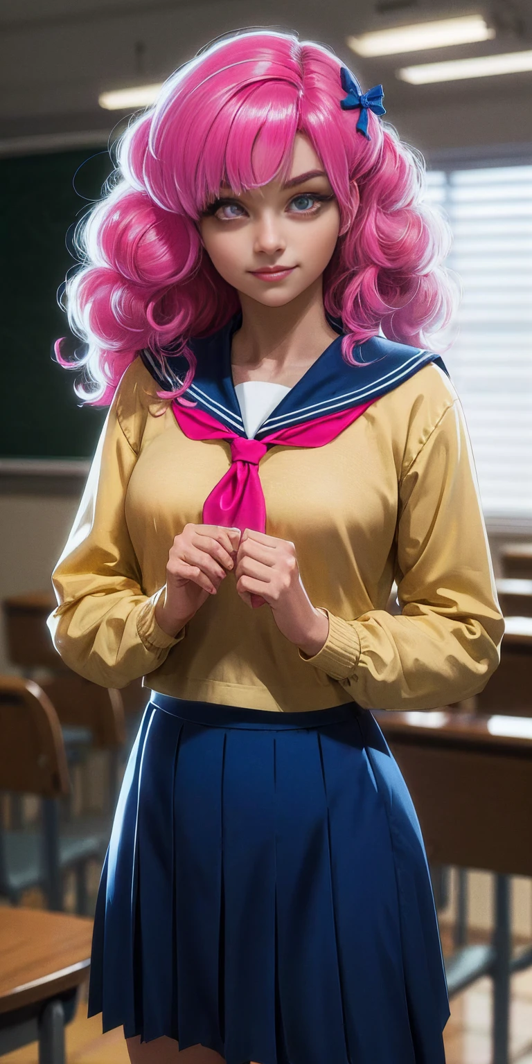 uruseiyatsuraran, ran, long hair, bangs, pink hair, bow, hair bow, red bow, (pink eyes:1.5), smile, BREAK shirt, long sleeves, school uniform, serafuku, sailor collar, neckerchief, yellow neckerchief, shirt, blue shirt, blue sailor collar, (blue skirt:1.5), BREAK indoors, classroom, BREAK looking at viewer, (cowboy shot:1.5), BREAK (masterpiece:1.2), best quality, high resolution, unity 8k wallpaper, (illustration:0.8), (beautiful detailed eyes:1.6), extremely detailed face, perfect lighting, extremely detailed CG, (perfect hands, perfect anatomy)